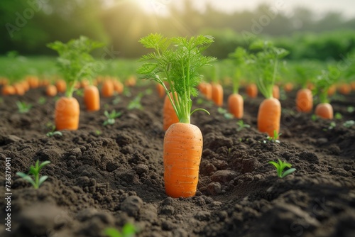 Amidst the lush green grass, a vibrant orange root vegetable thrives in the outdoor soil, soon to be harvested as a delicious and nutritious addition to any vegetarian meal