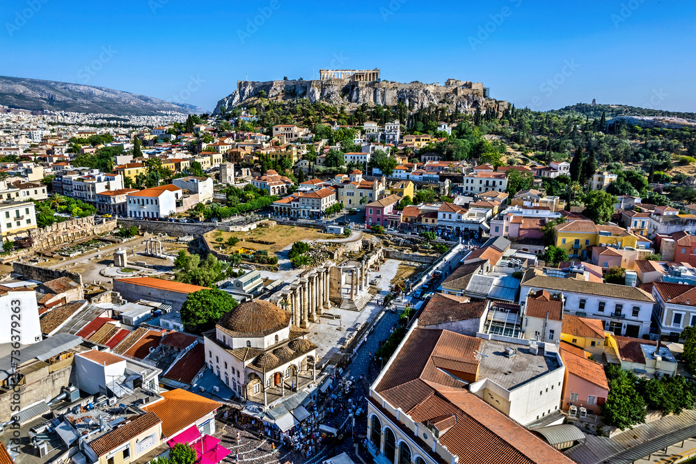 Partial, aerial view of the historical center of Athens, Greece. From front to back you can see, Monastiraki, Plaka and the Acropolis