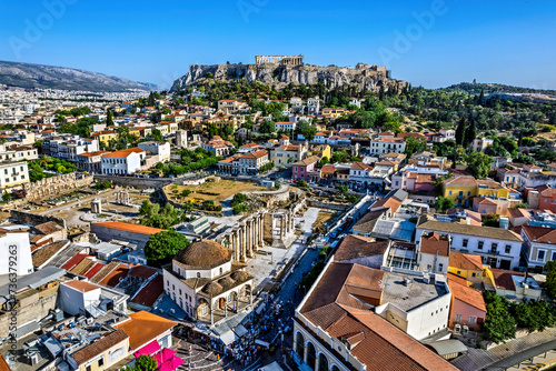 Partial, aerial view of the historical center of Athens, Greece. From front to back you can see, Monastiraki, Plaka and the Acropolis photo