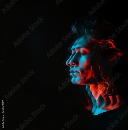 a persons struggle with mental health issues represented with super imposed versions of their emotional states  double exposure and chromatic aberration 