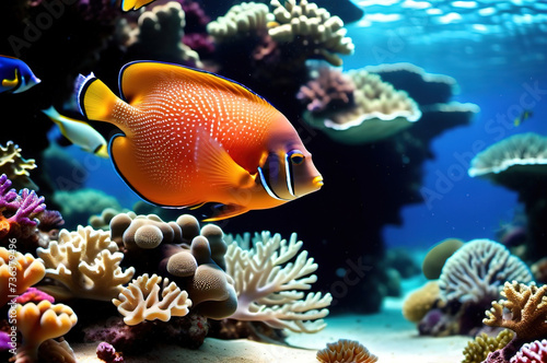 bright coral fish swim among colorful corals in the sea, ocean.