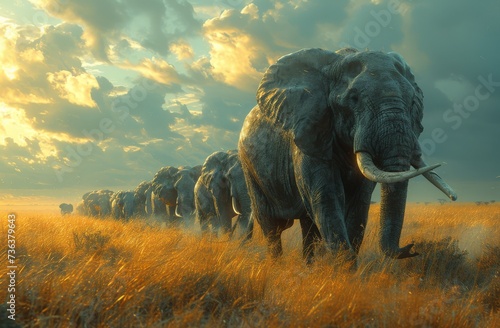 A majestic herd of indian, asian, and african elephants traverse a vast green field, their towering silhouettes against the open sky creating a breathtaking scene of pure nature and wild beauty
