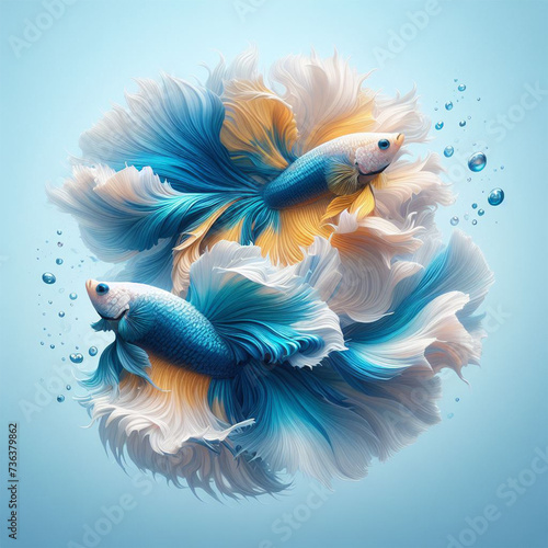 Two blue and yellow betta fish movement beautiful, Siamese fighting fish on pastel blue background. generative ai © DSM
