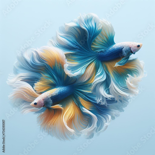 Two blue and yellow betta fish movement beautiful, Siamese fighting fish on pastel blue background. generative ai © DSM