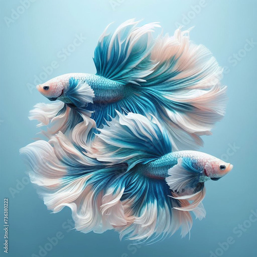 Two blue and white betta movement beautiful, Siamese fighting fish on pastel blue background. generative ai