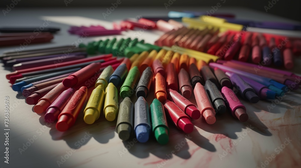 An array of crayons, each vibrant color meticulously detailed, arranged in a playful yet orderly manner An array of crayons, each vibrant color meticulously detailed, arranged in a playful yet orderly manner