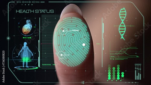 Closeup Digital Fingerprint Health Scanner Analyzing Biometrical Information photo