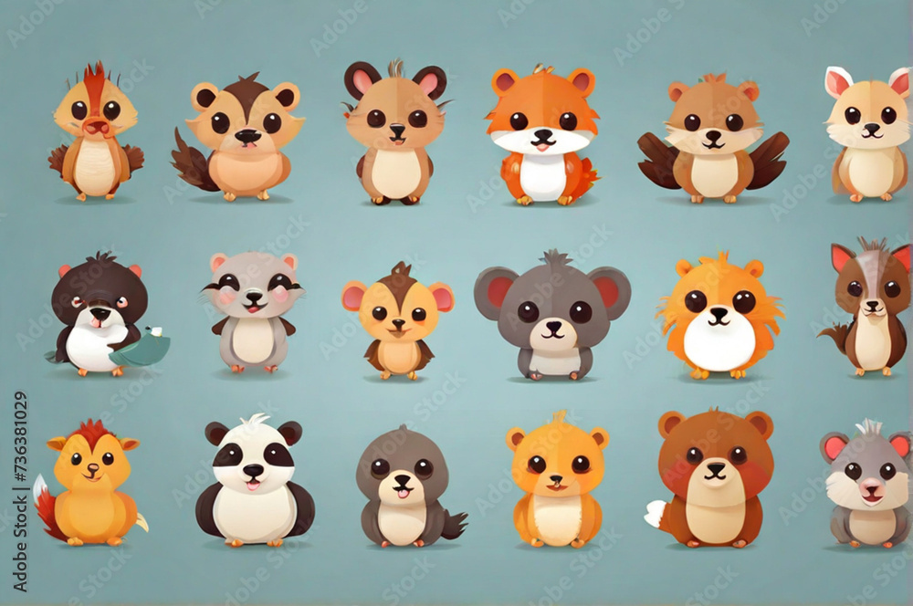 flat logo of vector cute animal cartoon vector icon set illustration, animal cartoon icon collection. set of animals.