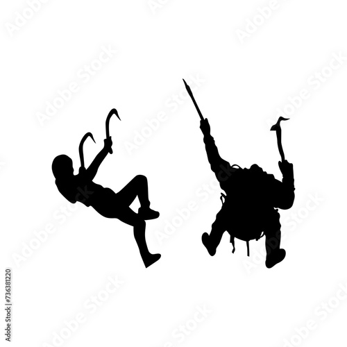 Glacier climber ice climbing silhouette. Climber vector illustration. Black silhouette of climber, vector illustration