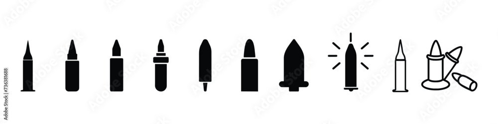 Bullet icon, Weapon ammo icon, Cartridges icons vector set.  Bullets silhouette, speeding bullet icon, bullet line icon - obrazy, fototapety, plakaty 
