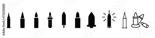 Bullet icon, Weapon ammo icon, Cartridges icons vector set.  Bullets silhouette, speeding bullet icon, bullet line icon photo