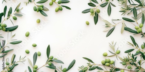 Olive Tree Branch With Green Olives And Leaves, Captured On A White Background. Сoncept Product Photography, Food Styling, Organic Ingredients, Fresh Produce, Natural Beauty