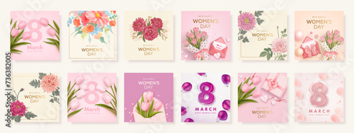 International women's day square banner or greeting card design template set with realistic tulips, envelope, petals. Festive elegant background. Vector illustration