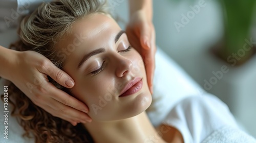 A woman receives a little head massage during a craniosacral treatment session with a big empty space, Generative AI.