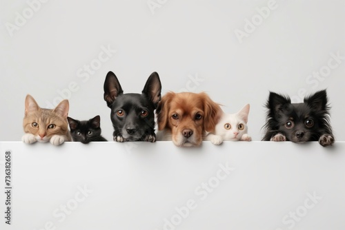 Pets Of Different Species Peek Over White Edge In An Adorable Web Banner. Сoncept Adorable Pets, Different Species, White Edge, Web Banner, Peekaboo