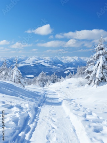 Snowy mountain trail with pine trees and a distant lake view © Ihor