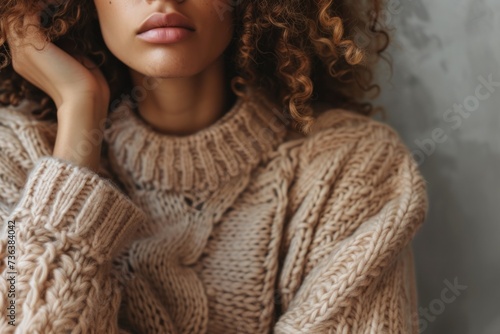 Woman Showcasing Diverse Range Of Fashionable Sweaters, Closeup Shot On Grey Backdrop. Сoncept Winter Fashion Showcase, Trendy Sweater Styles, Versatile Winter Wardrobe, Stylish Sweater Closeups