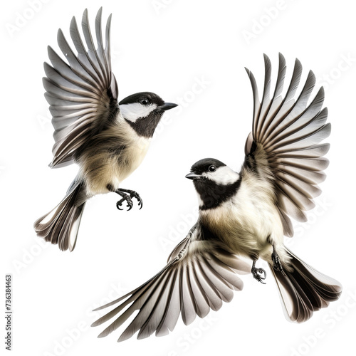 a couple of little birds chickadees flying toward spread its wings and feathers isolated on transparent background, png