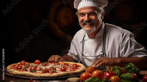Smiling Chef Presenting Fresh Homemade Pizza in a Rustic Kitchen Setting
