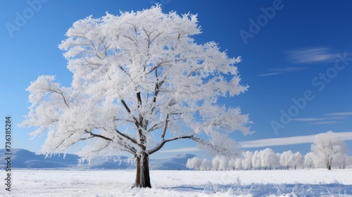 Snow-laden tree under a bright blue sky with clouds in the distance © Ihor