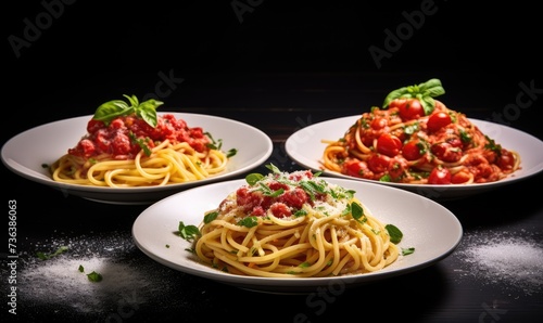 Three Plates of Spaghetti With Tomato Sauce and Basil