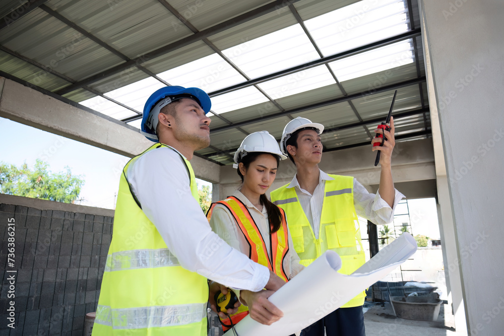 Team of professional civil engineers and architects holding project plan paper, supervising and controlling construction project work at construction site. Team of professional civil engineers and architects holding project plan paper, supervising and controlling construction project work at construction site.