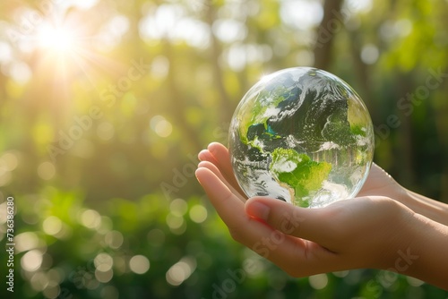 Crystal Globe Cradled in Hands with Sunlit Forest, Earth Day Responsibility