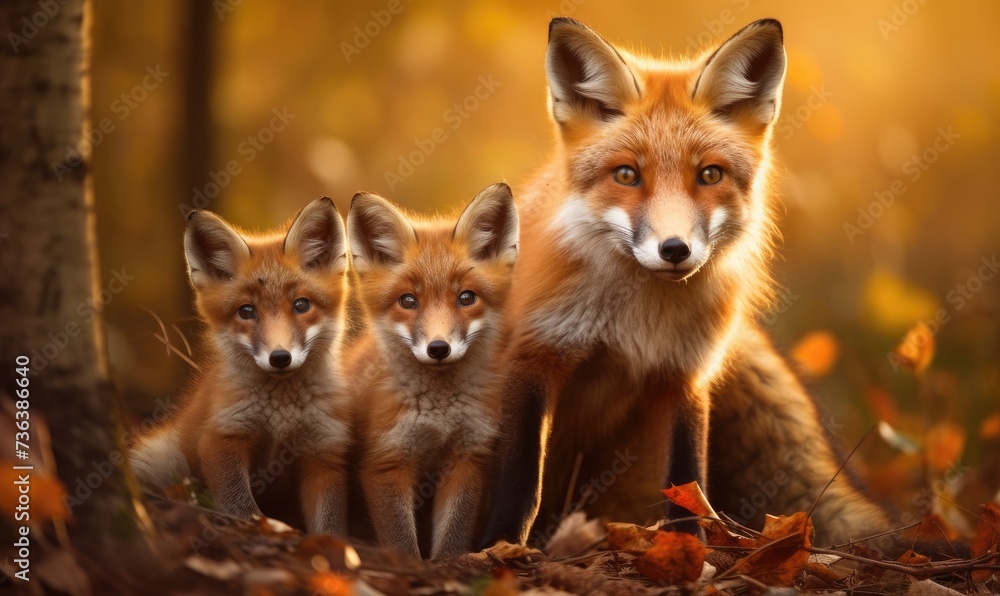 Group of Foxes Standing Together in Forest Group of Foxes Standing Together in Forest
