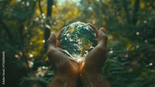Illuminated Globe in Hands with Sunlight Through Forest Canopy - Earth Day Concept