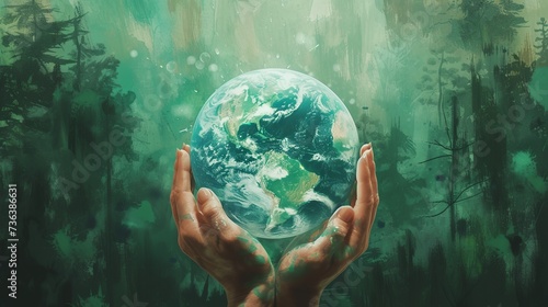 Earth Day Painting: Hands Holding the Earth with Continents and Rainbow