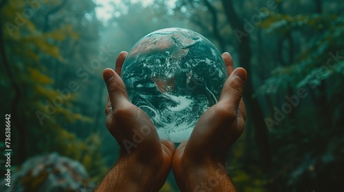 Hands Cradling the Earth with a Misty Forest Backdrop - Earth Day Preservation