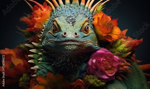 Iguana Adorned With Flowers