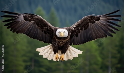 Bald Eagle Spreads Wings in Front of Forest