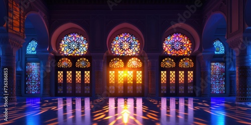 Islamic holiday banner with ramadan lanterns at night, Cute mosque and lantern displayed on stages with glowing light in the evening. 3d illustration photo
