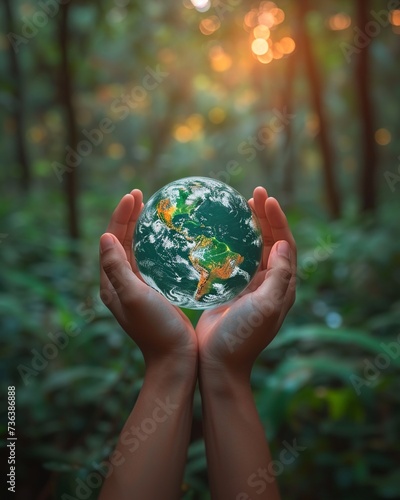 Nature’s Care: Hands Holding a Detailed Globe in a Sunlit Forest