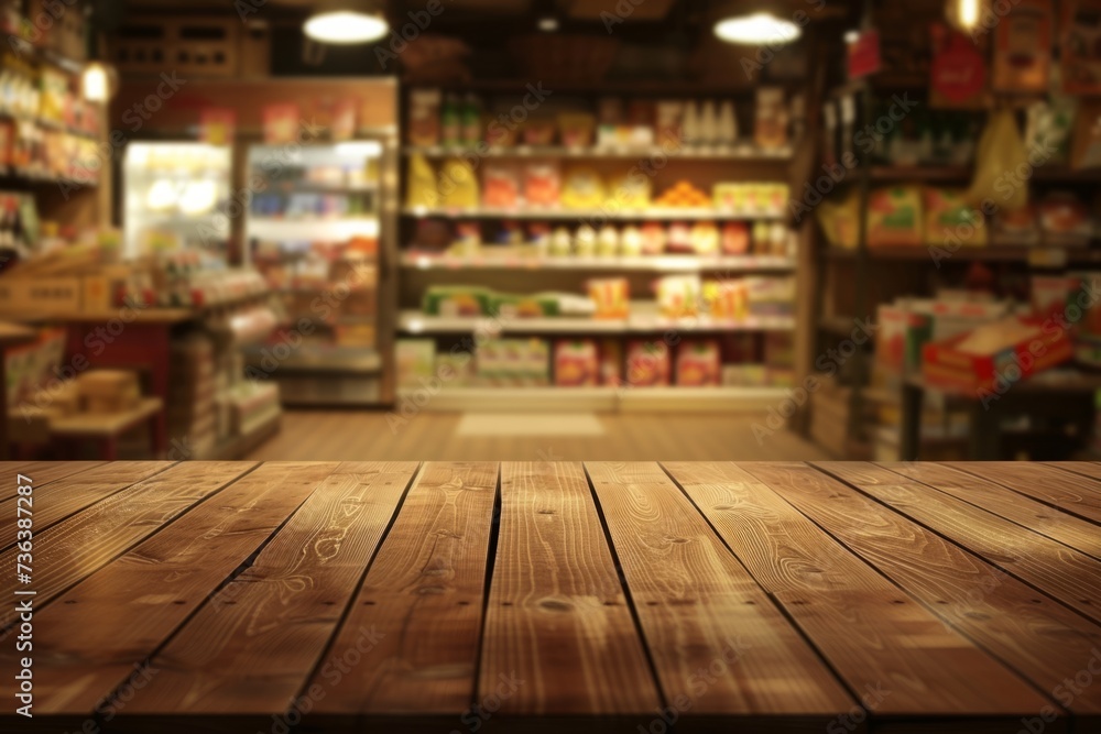 wooden table top in the back view of an open grocery store Generative AI