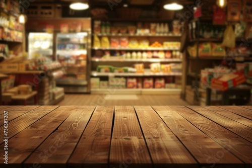 wooden table top in the back view of an open grocery store Generative AI © SKIMP Art