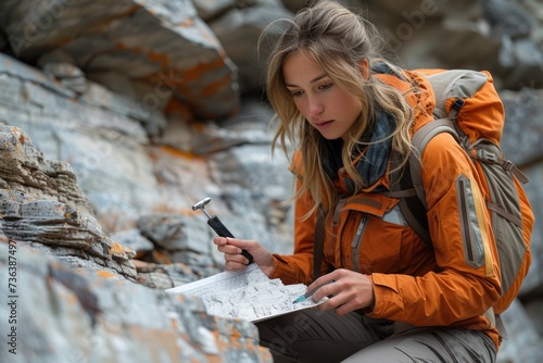 A young female geologist in orange attire attentively examines a geological map and rock with a hammer, surrounded by stratified rock formations. photo