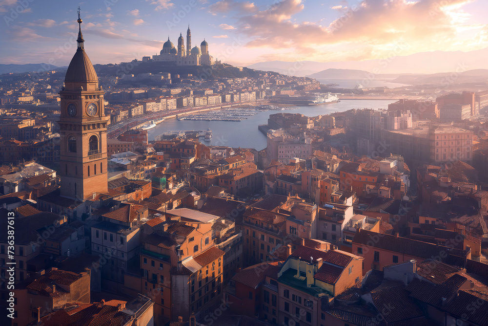 Naklejka premium This photo captures an expansive view of a bustling city, featuring a prominent clock tower as its focal point.