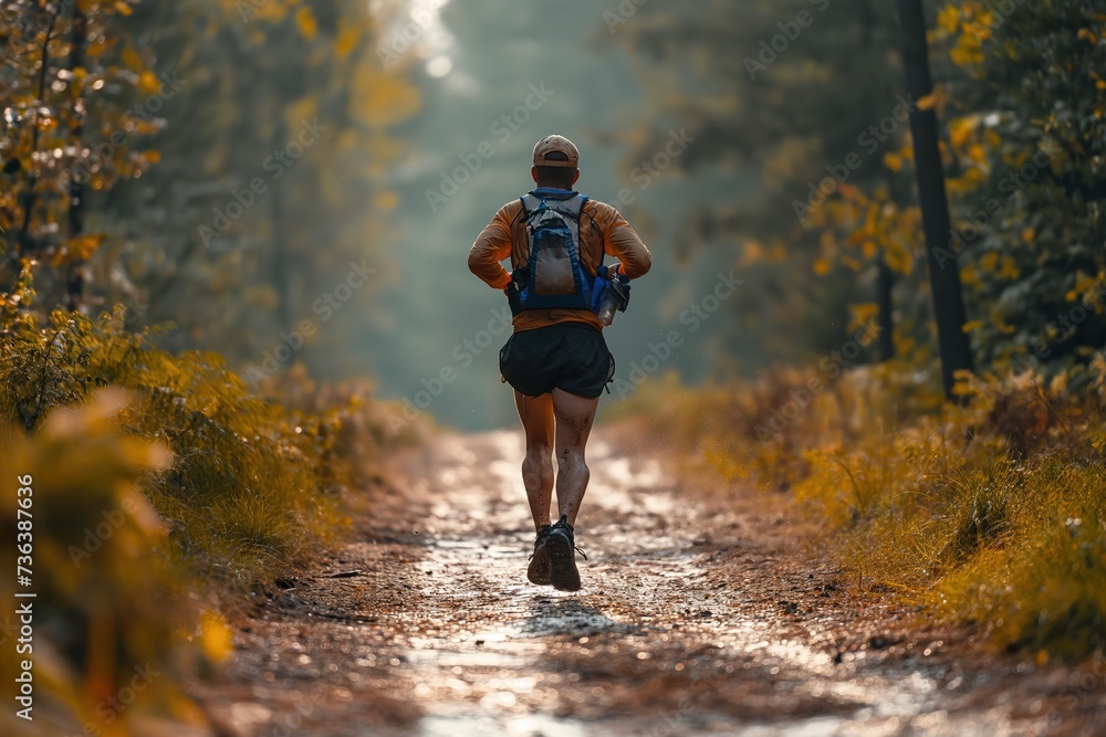 Obraz premium A man in motion, running along a dirt path surrounded by trees in a forested area.
