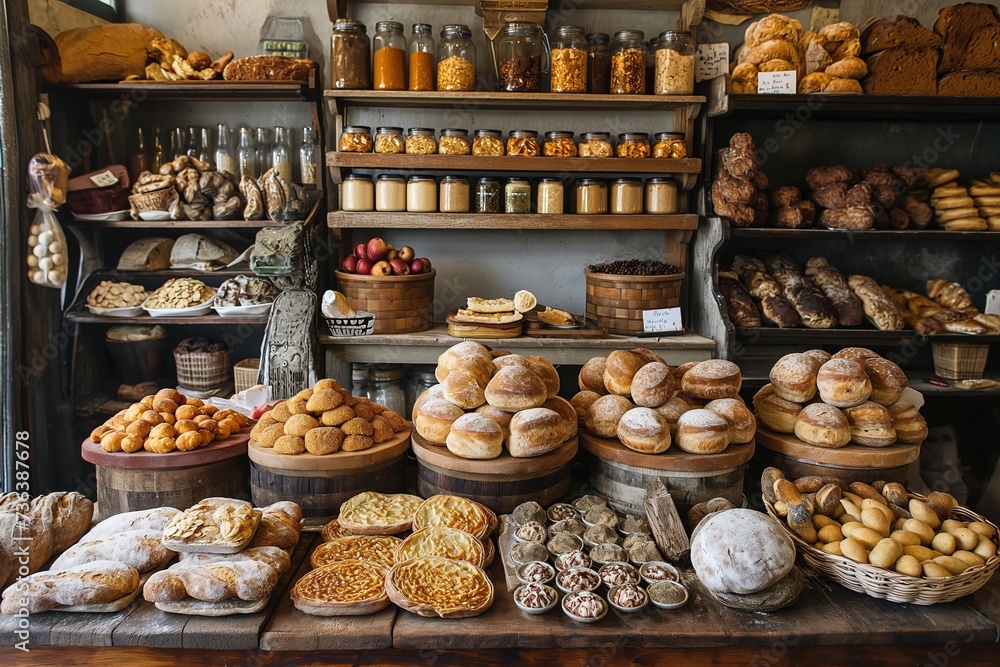A bustling bakery filled with an extensive variety of fresh bread, showcasing the rich diversity of baked goods.