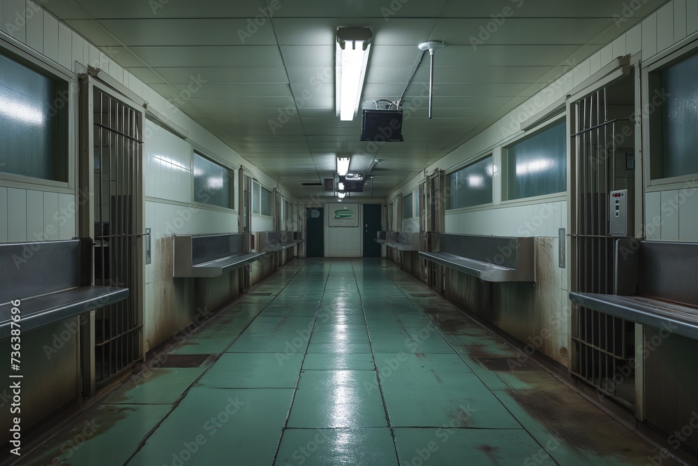 A long hallway with multiple benches left unoccupied. A long hallway with multiple benches left unoccupied.
