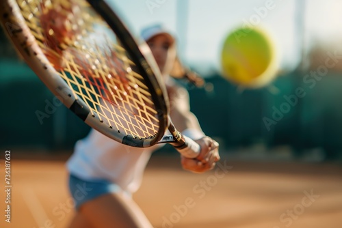 A woman confidently holds a tennis racquet as she stands atop a tennis court, ready for the next serve. © Joaquin Corbalan