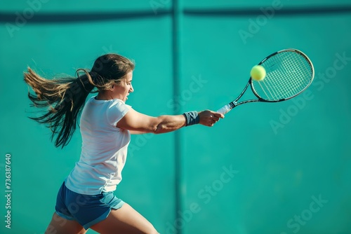 A woman swings her tennis racquet, making contact with a yellow tennis ball during gameplay. © Joaquin Corbalan