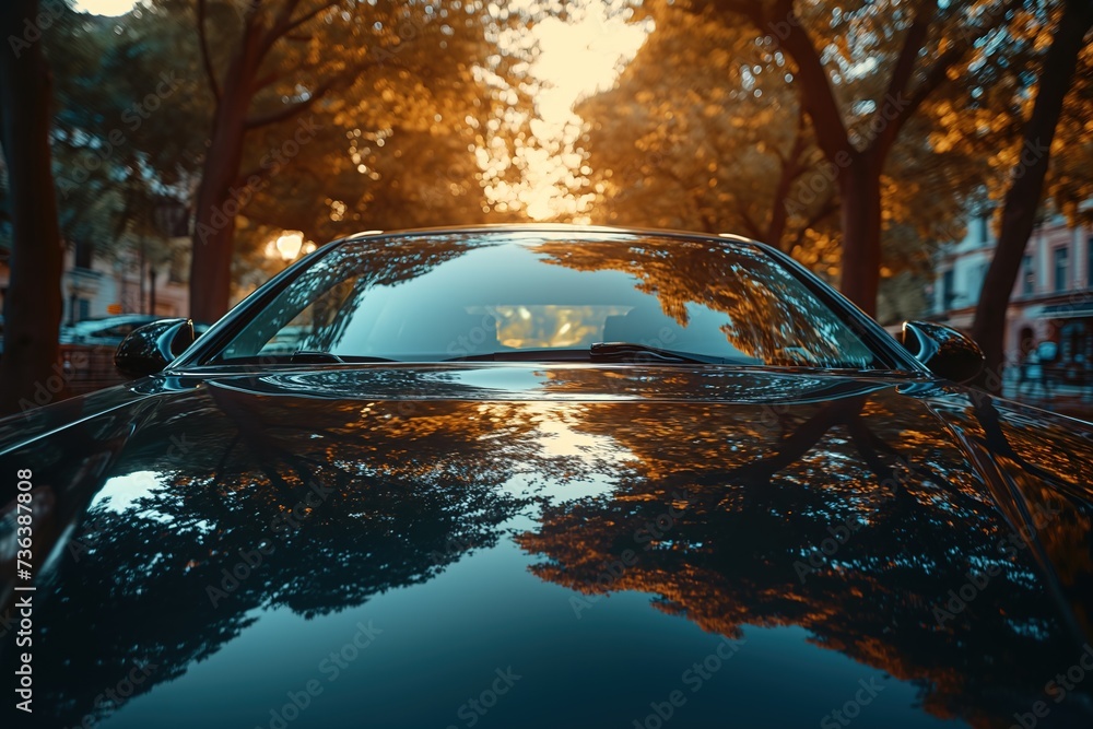 A car is parked on the side of the road during daylight hours, seen from the outside front view. - obrazy, fototapety, plakaty 