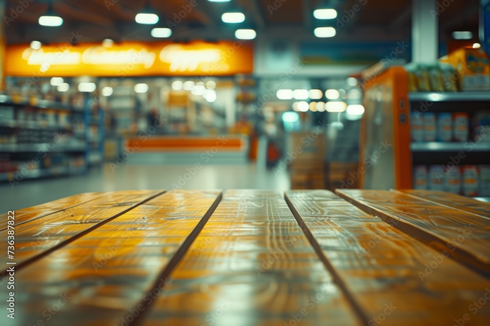 interior empty wooden table in a modern supermarket Generative AI