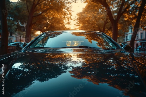 A car is parked on the side of the road during daylight hours, seen from the outside front view. photo