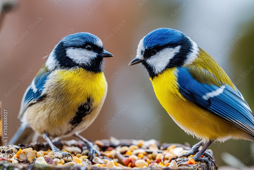 Naklejka premium Two birds, one blue and one yellow, perched on a bird feeder.