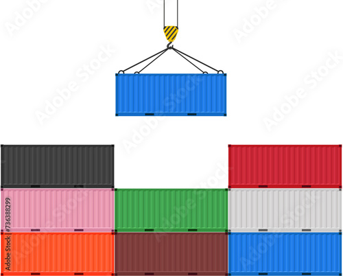 Large shipping containers. Set of cargo containers in different colors. Vector illustration. Isolated on white background. 