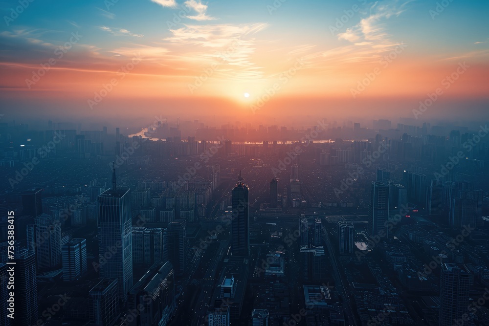 The sun is setting, casting a warm golden glow over the sprawling skyscrapers and bustling streets of a large city, Aerial view of a city's skyline at the brink of dawn, AI Generated